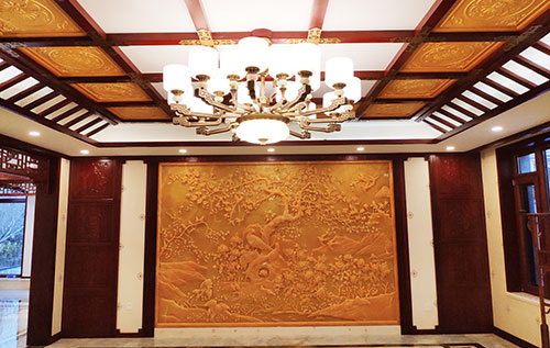 安福中式别墅客厅中式木作横梁吊顶装饰展示