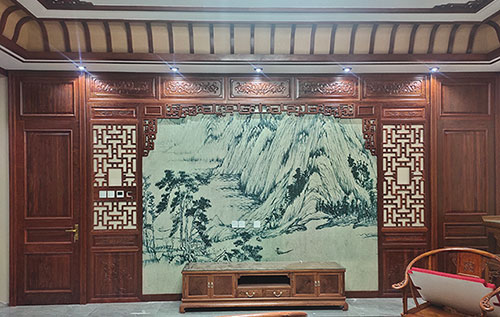 安福中式仿古别墅客厅背景墙花格木作装饰